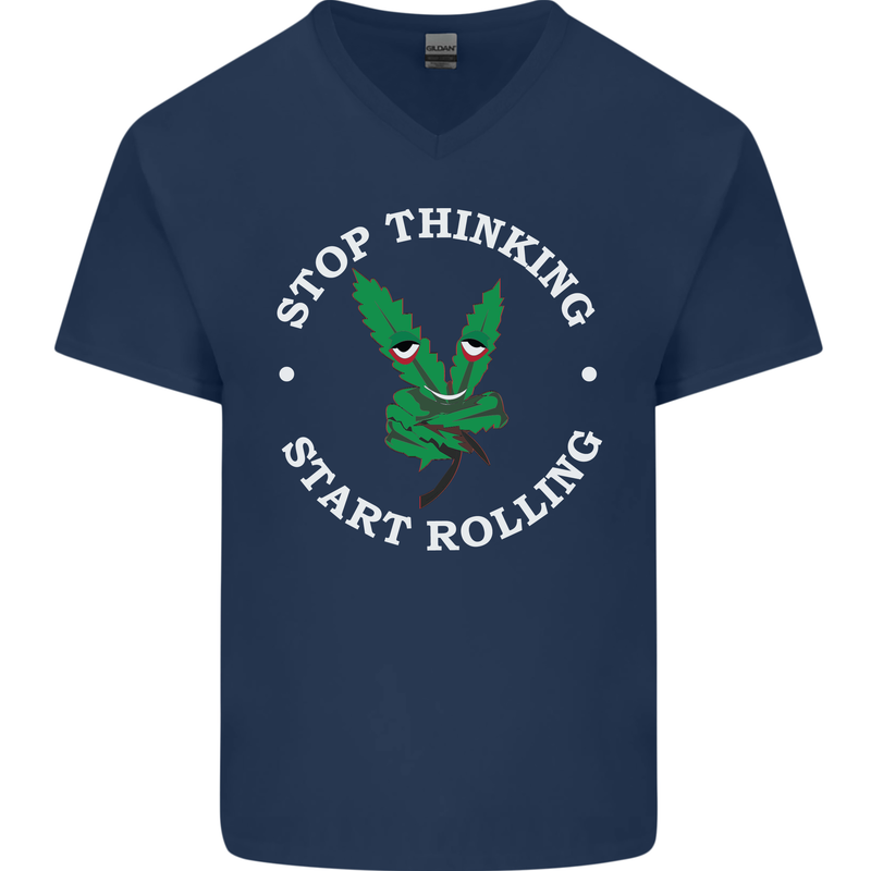 Rolling Funny Bong Weed Cannabis Drugs Mens V-Neck Cotton T-Shirt Navy Blue