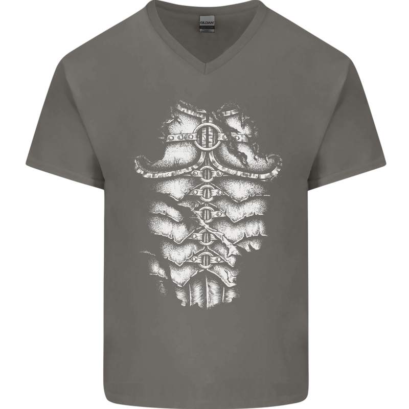 Roman Armour Fancy Dress Warrior Gym MMA Mens V-Neck Cotton T-Shirt Charcoal