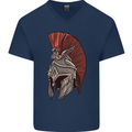 Roman Helmet Bodybuilding Gym Spartan Mens V-Neck Cotton T-Shirt Navy Blue