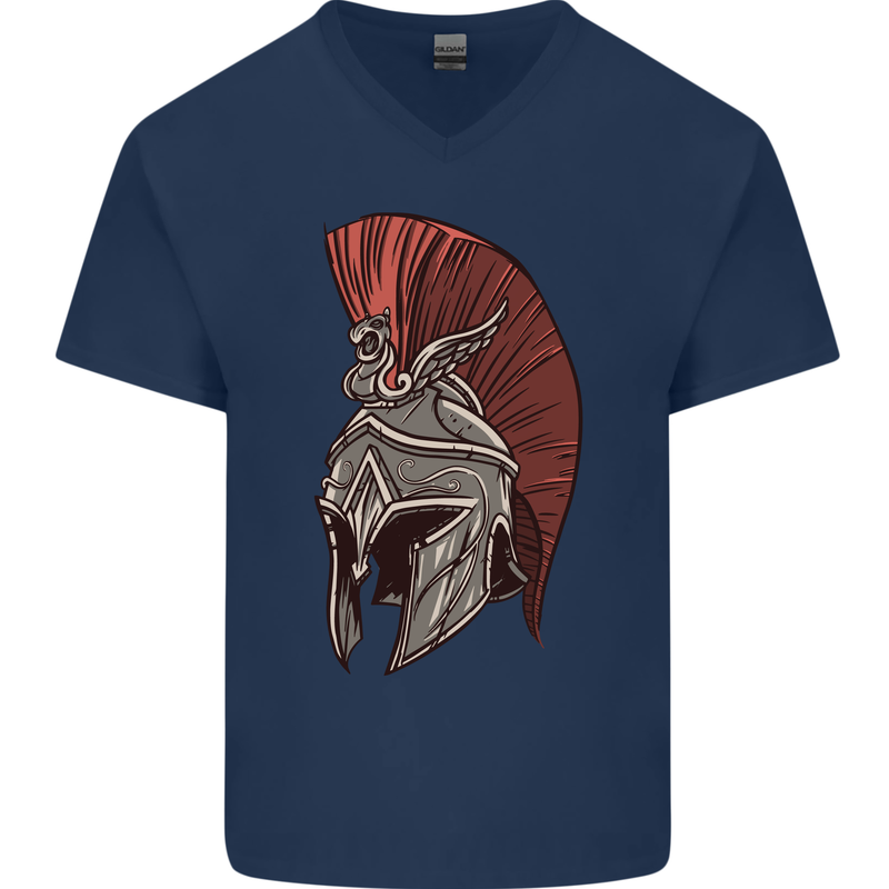 Roman Helmet Bodybuilding Gym Spartan Mens V-Neck Cotton T-Shirt Navy Blue
