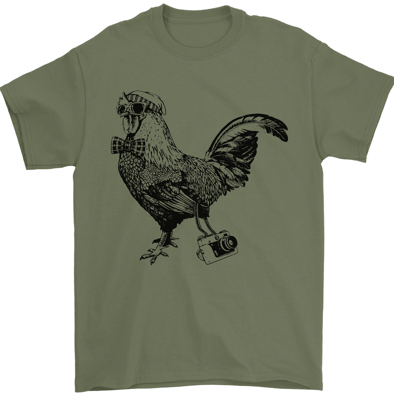 Rooster Camera Photography Photographer Mens T-Shirt Cotton Gildan Military Green