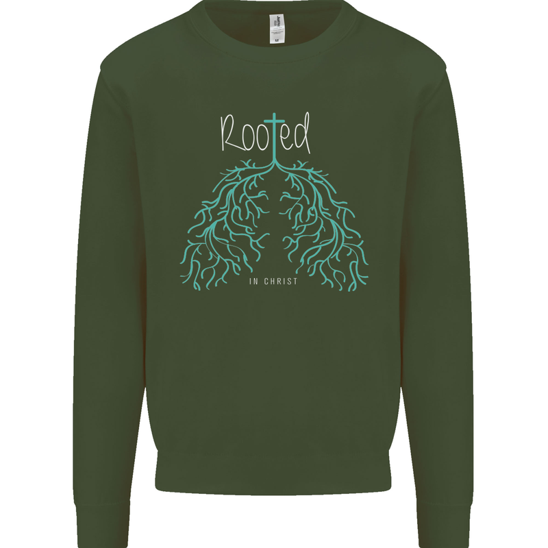 Rooted Christ Christian Catholic Religion Kids Sweatshirt Jumper Forest Green