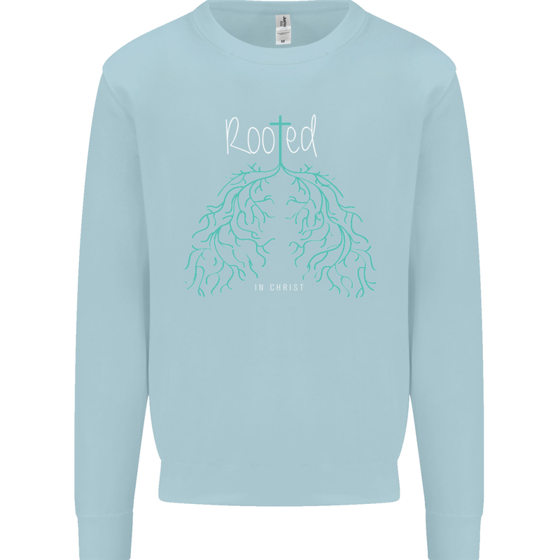 Rooted Christ Christian Catholic Religion Kids Sweatshirt Jumper Light Blue