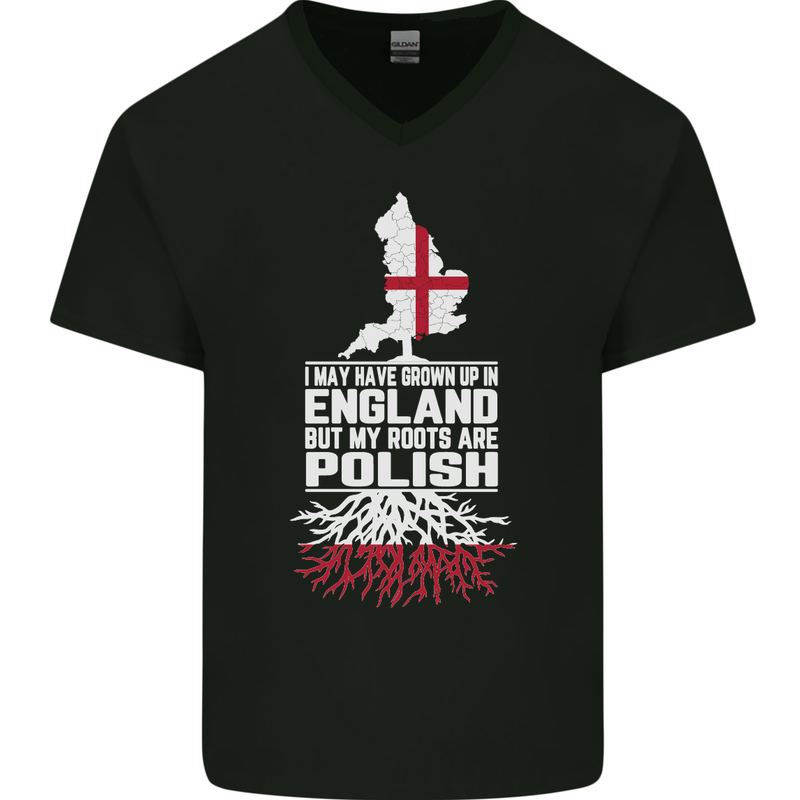 Roots In Poland Polish Polska Flag Orzel Mens V-Neck Cotton T-Shirt Black