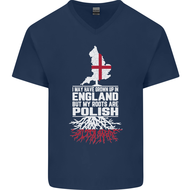 Roots In Poland Polish Polska Flag Orzel Mens V-Neck Cotton T-Shirt Navy Blue