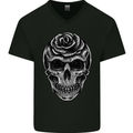 Rose Skull Biker Gothic Mens V-Neck Cotton T-Shirt Black