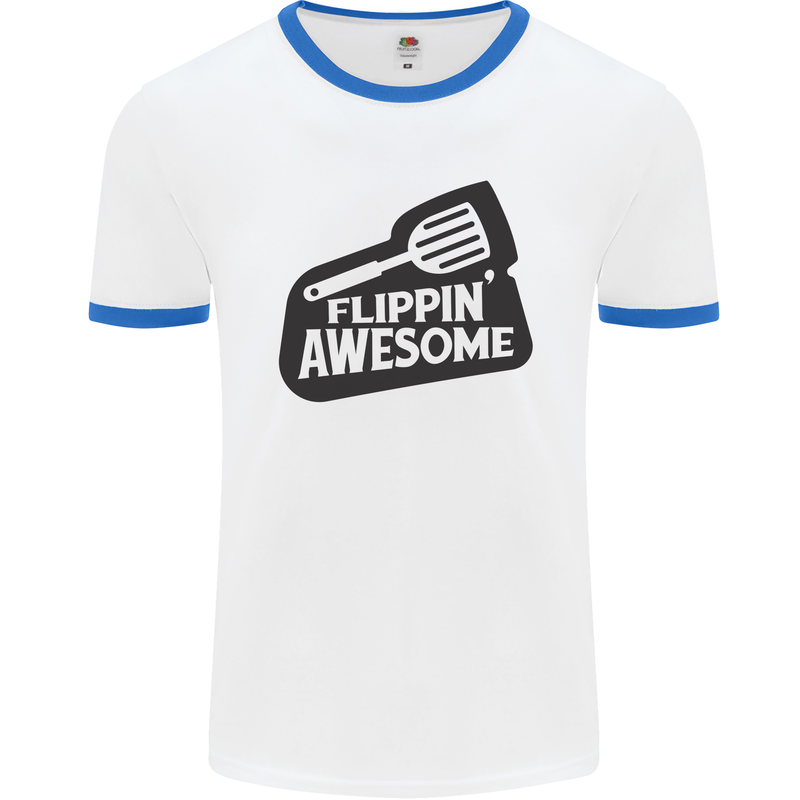 Flipping Awesome Funny BBQ Chef Fathers Day Mens White Ringer T-Shirt White/Royal Blue