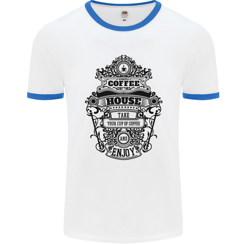 Coffee House Mens White Ringer T-Shirt White/Royal Blue