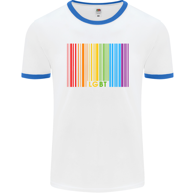 LGBT Barcode Gay Pride Day Awareness Mens White Ringer T-Shirt White/Royal Blue