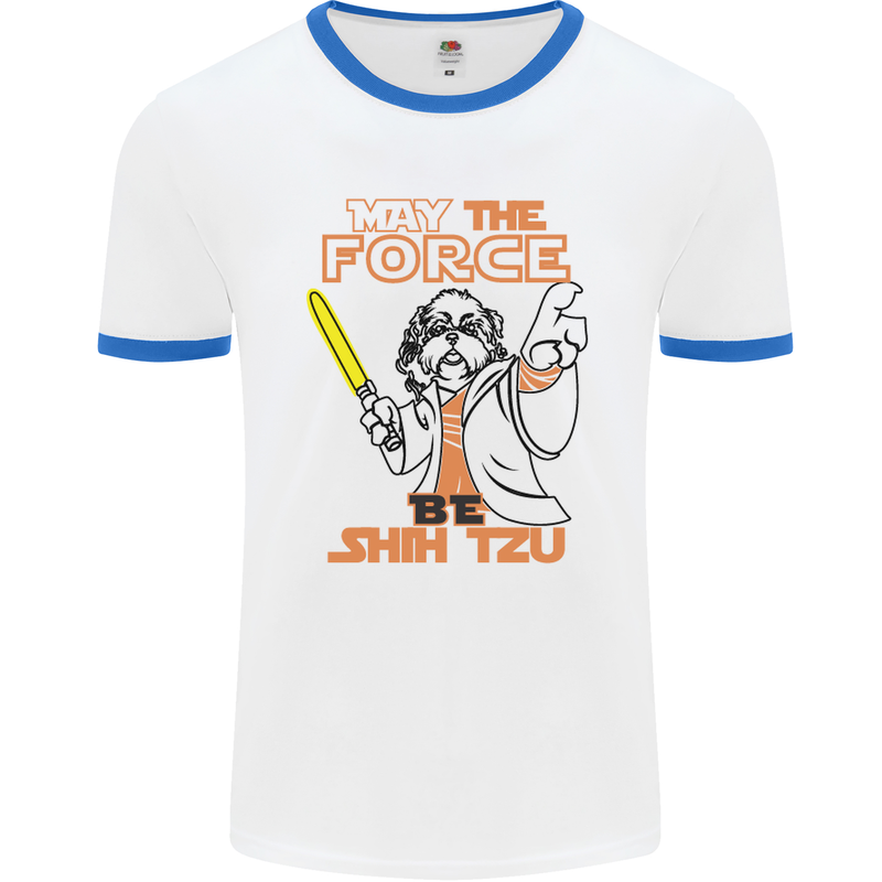 May the Force Be Shih Tzu Dog Funny Mens White Ringer T-Shirt White/Royal Blue