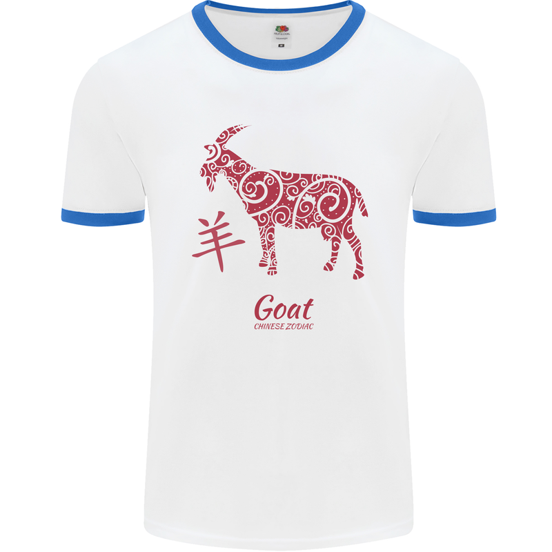 Chinese Zodiac Shengxiao Year of the Goat Mens White Ringer T-Shirt White/Royal Blue