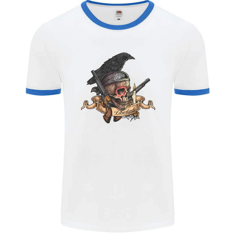 Libertad Skull Freedom Pirate Crow Raven Mens White Ringer T-Shirt White/Royal Blue