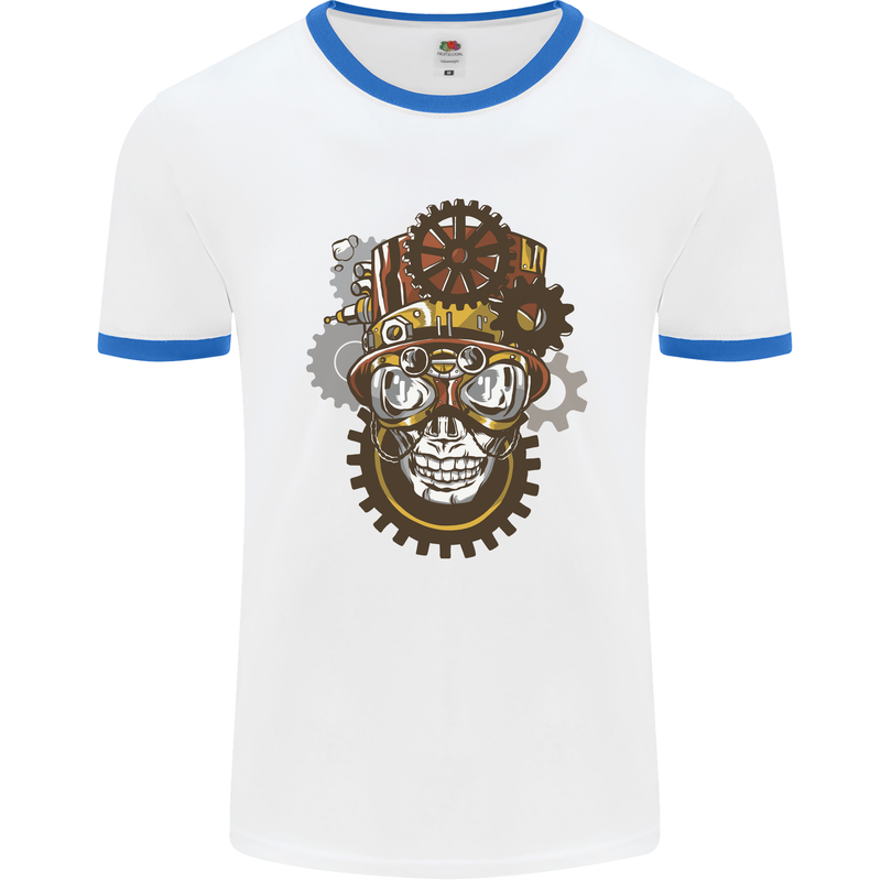 Steampunk Skull Mens White Ringer T-Shirt White/Royal Blue