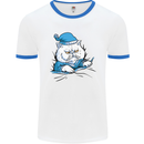 A Cat In Bed Under the Duvet Mens White Ringer T-Shirt White/Royal Blue