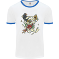 Broken Skull With Roses & Raven Mens White Ringer T-Shirt White/Royal Blue