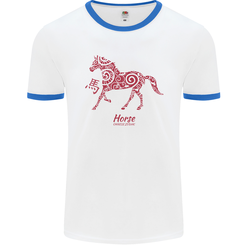 Chinese Zodiac Shengxiao Year of the Horse Mens White Ringer T-Shirt White/Royal Blue