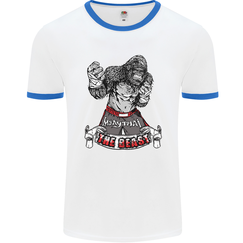 Muay Thai The Beast MMA Mixed Martial Arts Mens White Ringer T-Shirt White/Royal Blue