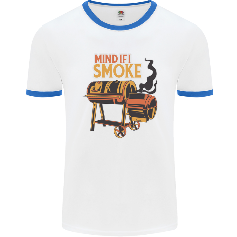 Mind if I Smoke Funny BBQ Grill Mens White Ringer T-Shirt White/Royal Blue