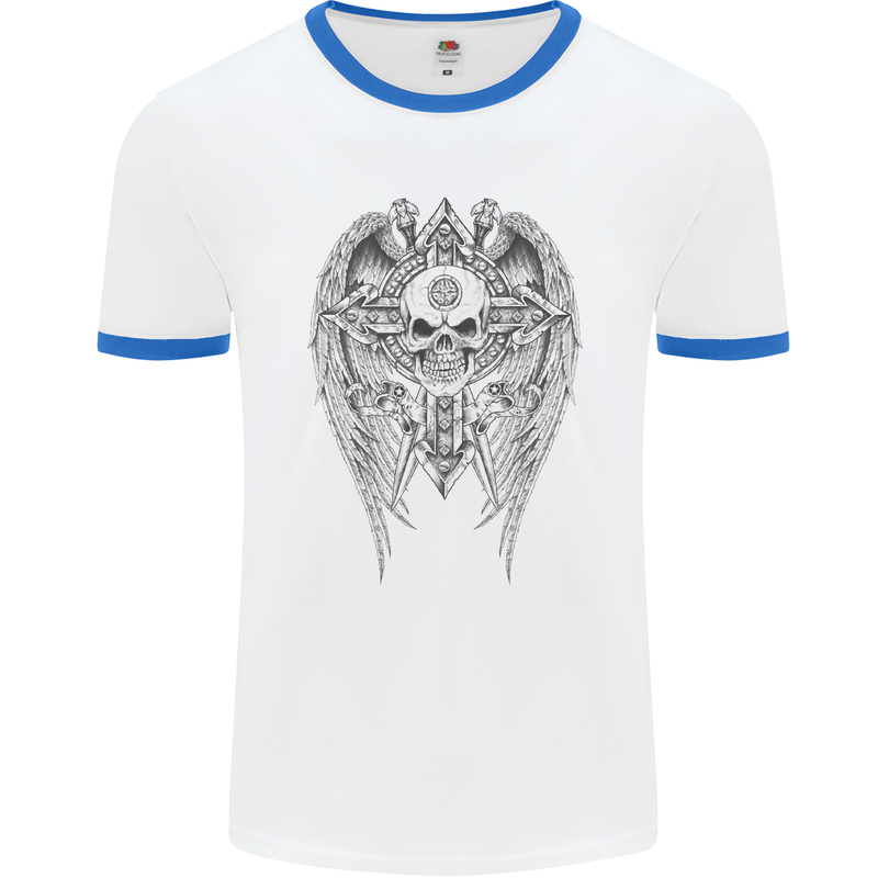 Skull Wings Viking Gothic  Wings Gym Biker Mens White Ringer T-Shirt White/Royal Blue