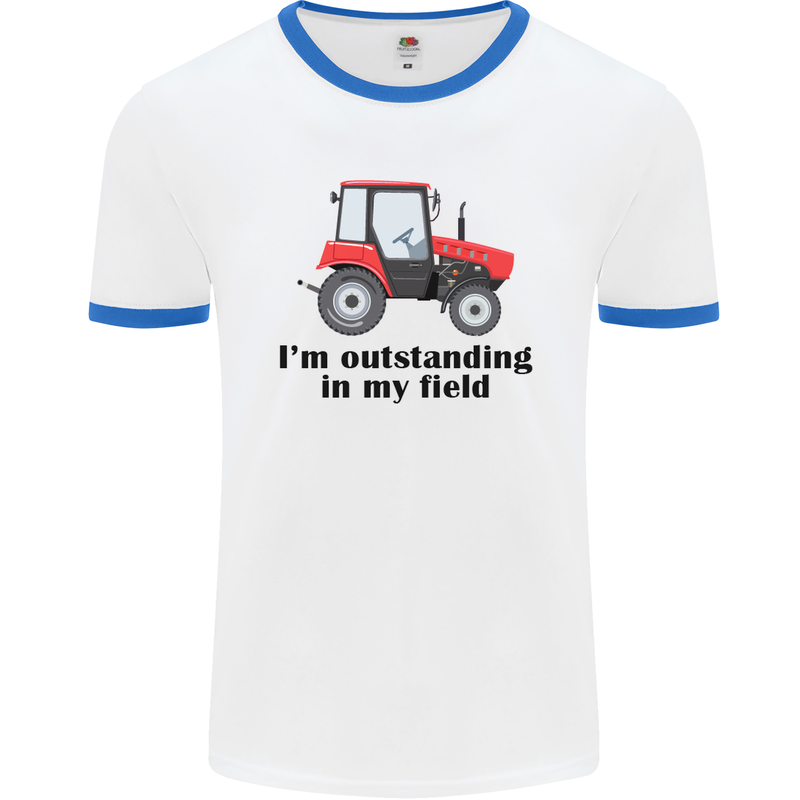 I'm Outstanding in My Field Farmer Tractor Mens White Ringer T-Shirt White/Royal Blue