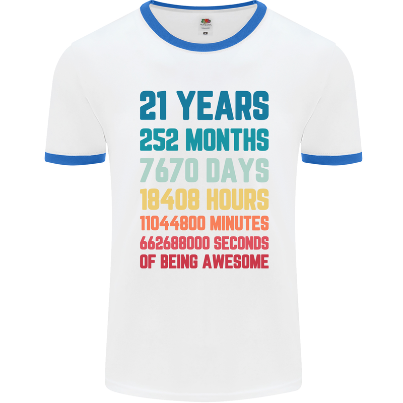 21st Birthday 21 Year Old Mens White Ringer T-Shirt White/Royal Blue