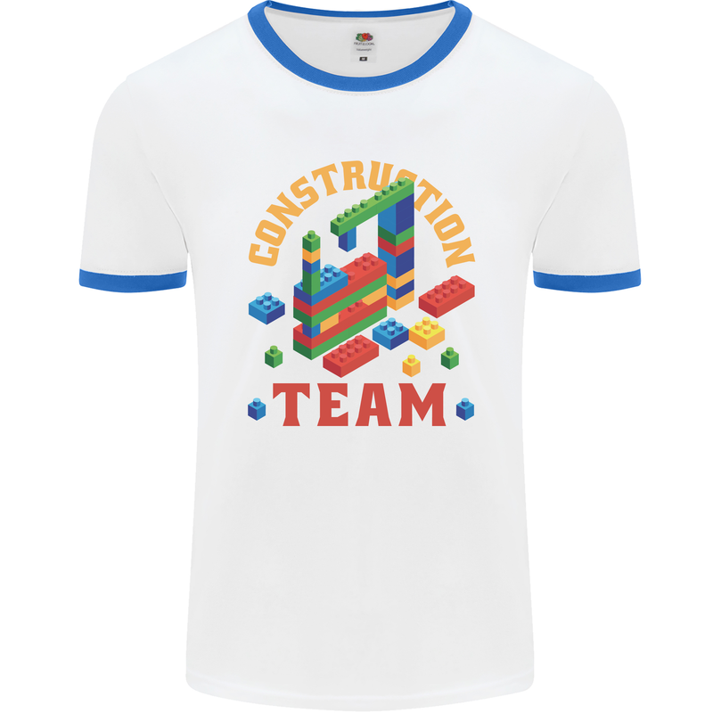 Construction Funny Building Blocks Bricks Mens White Ringer T-Shirt White/Royal Blue