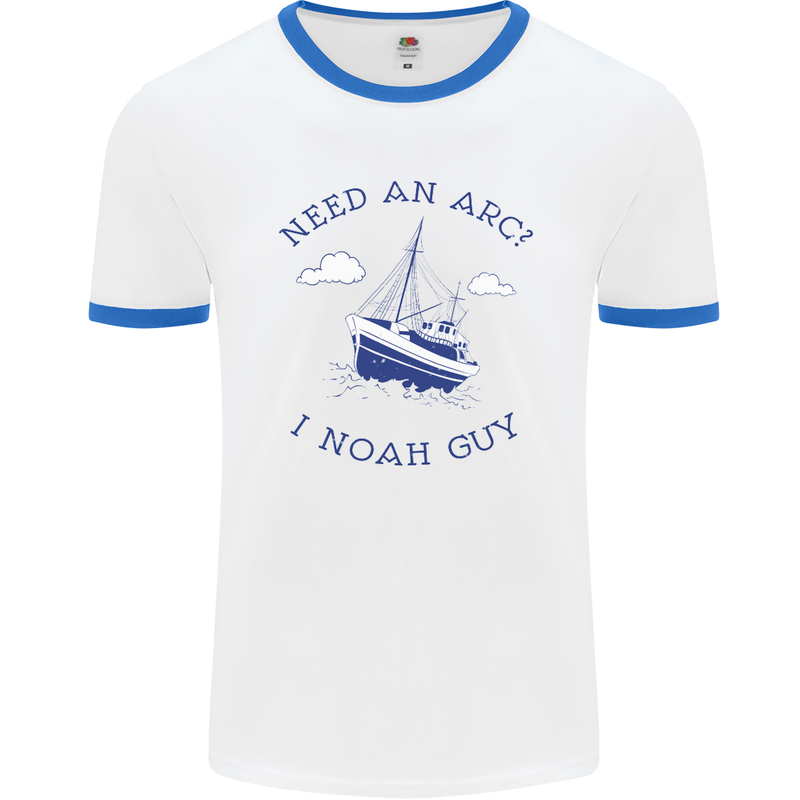 Need an Arc? I Noah Guy Funny Atheist Mens White Ringer T-Shirt White/Royal Blue