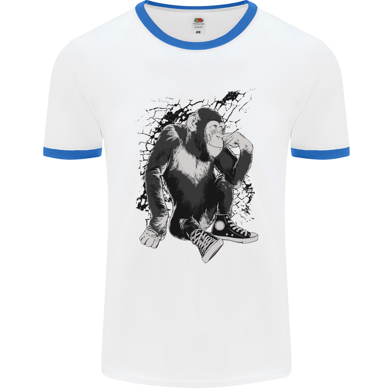 Chilled Out Chimp Chimpanzee Monkey Mens White Ringer T-Shirt White/Royal Blue