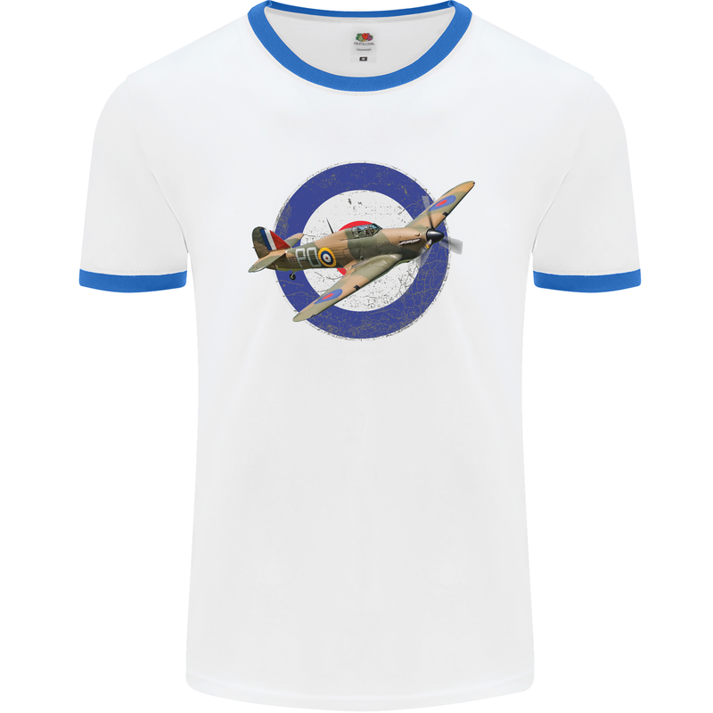 Hawker Hurricane With RAF Ensign Mens White Ringer T-Shirt White/Royal Blue