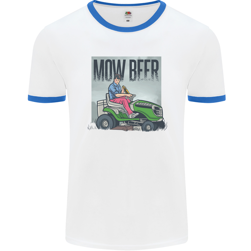 Mow Beer Funny Lawnmower Alcohol Gardening Mens Ringer T-Shirt White/Royal Blue