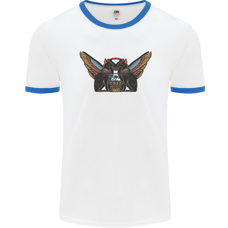 Ancient Egypt Winged Cats Eye of Horus Mens White Ringer T-Shirt White/Royal Blue