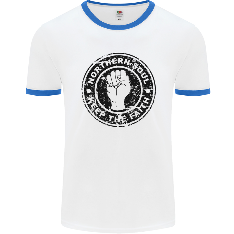 Northern Soul Keeping the Faith Mens White Ringer T-Shirt White/Royal Blue