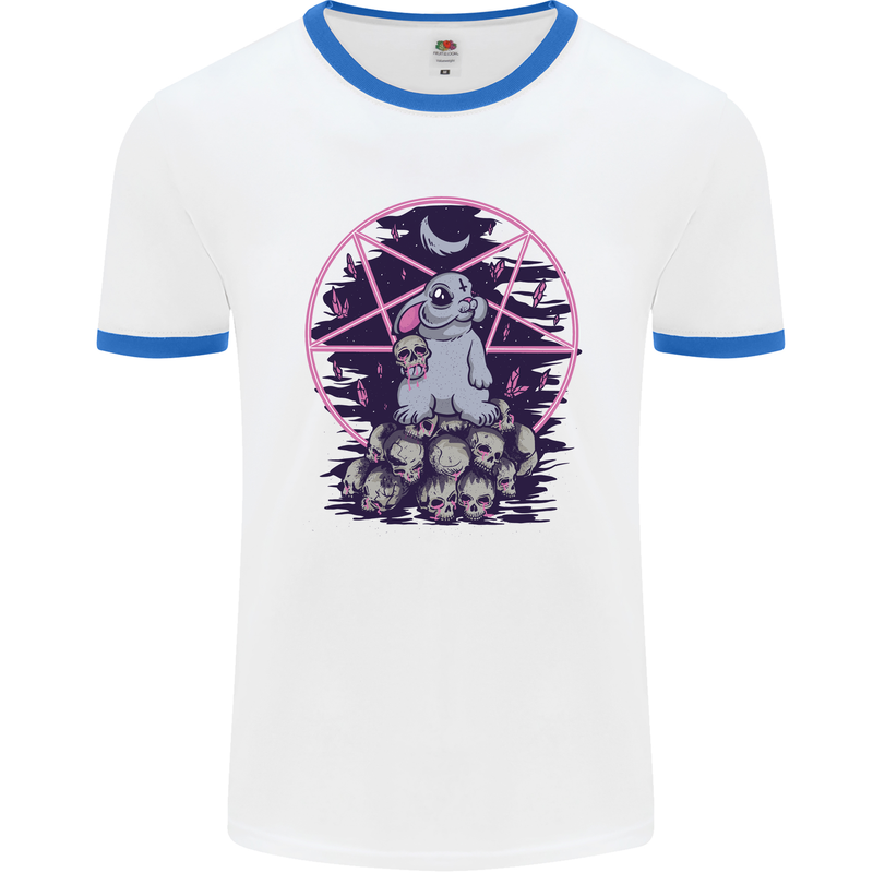 Demonic Satanic Rabbit With Skulls Mens White Ringer T-Shirt White/Royal Blue