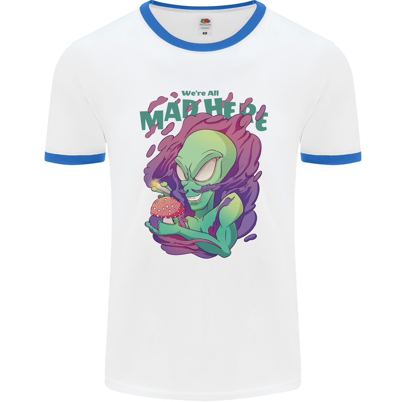 All Mad Here Alien Magic Mushrooms Mens Ringer T-Shirt White/Royal Blue