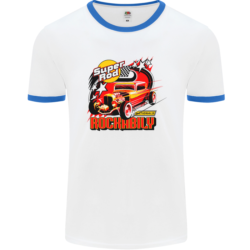 Rockabily Hot Rod Hotrod Dragster Mens White Ringer T-Shirt White/Royal Blue