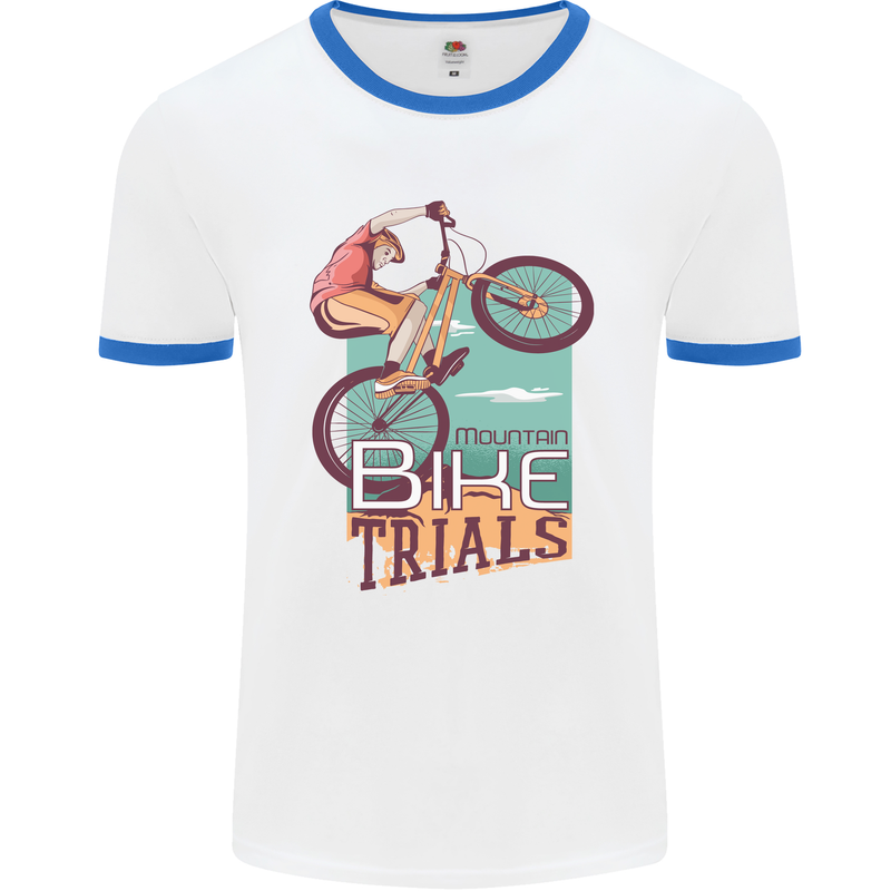 Mountain Bike Trials MTB Cycling Bicycle Mens Ringer T-Shirt White/Royal Blue