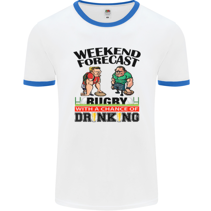 Weekend Forecast Rugby Funny Beer Alcohol Mens White Ringer T-Shirt White/Royal Blue