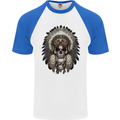 Native American Indian Skull Headdress Mens S/S Baseball T-Shirt White/Royal Blue