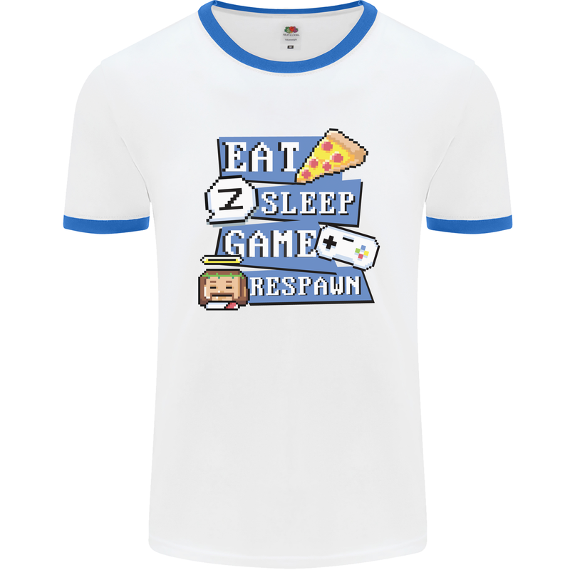 Gaming Eat Sleep Game Respawn Gamer Arcade Mens White Ringer T-Shirt White/Royal Blue