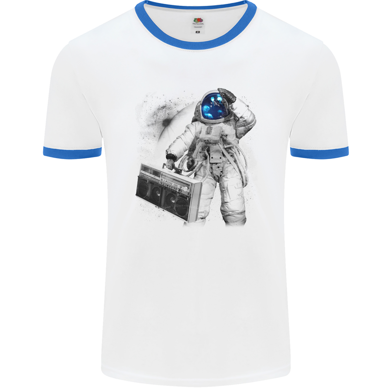 Space Ghetto Blaster Astronaut Music Mens White Ringer T-Shirt White/Royal Blue