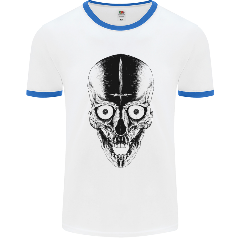 Skull With a Sword Gothic Heavy Metal Rock Mens White Ringer T-Shirt White/Royal Blue