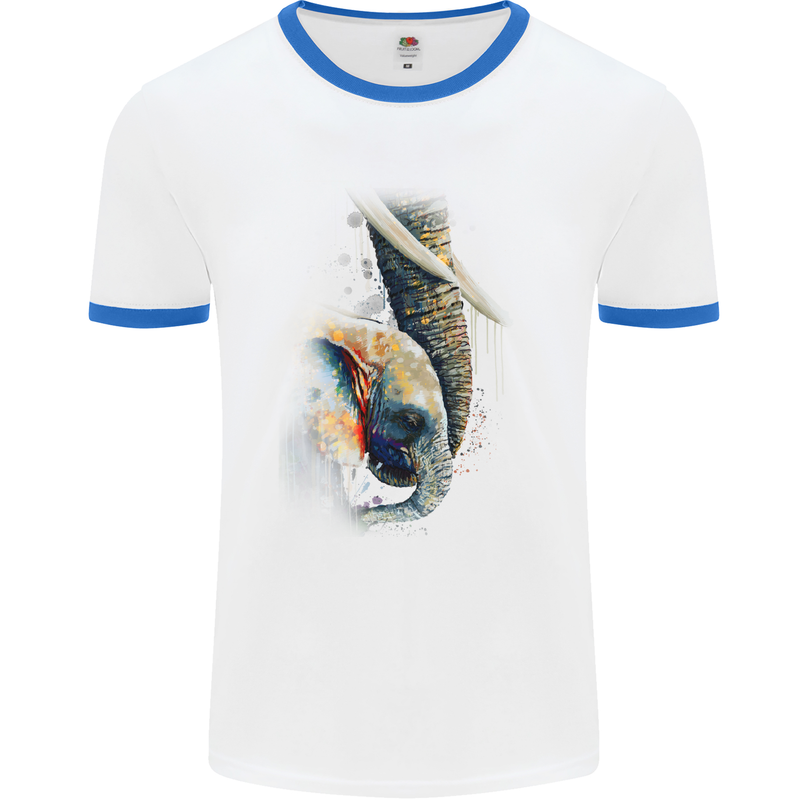 Elephant With Calf Baby Watercolour Mens White Ringer T-Shirt White/Royal Blue