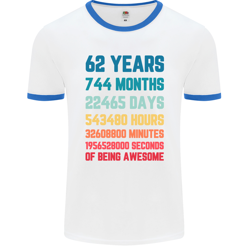62nd Birthday 62 Year Old Mens Ringer T-Shirt White/Royal Blue