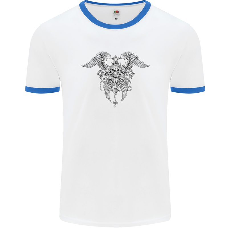 Cross Skull Wings Gothic Biker Heavy Metal Mens White Ringer T-Shirt White/Royal Blue