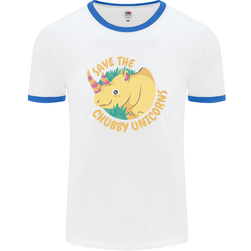 Save the Chbby Unicorns Funny Rhino Mens White Ringer T-Shirt White/Royal Blue