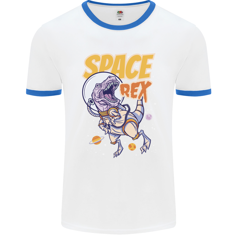 Space T-Rex Dinosaur Dino Astronaut Mens White Ringer T-Shirt White/Royal Blue