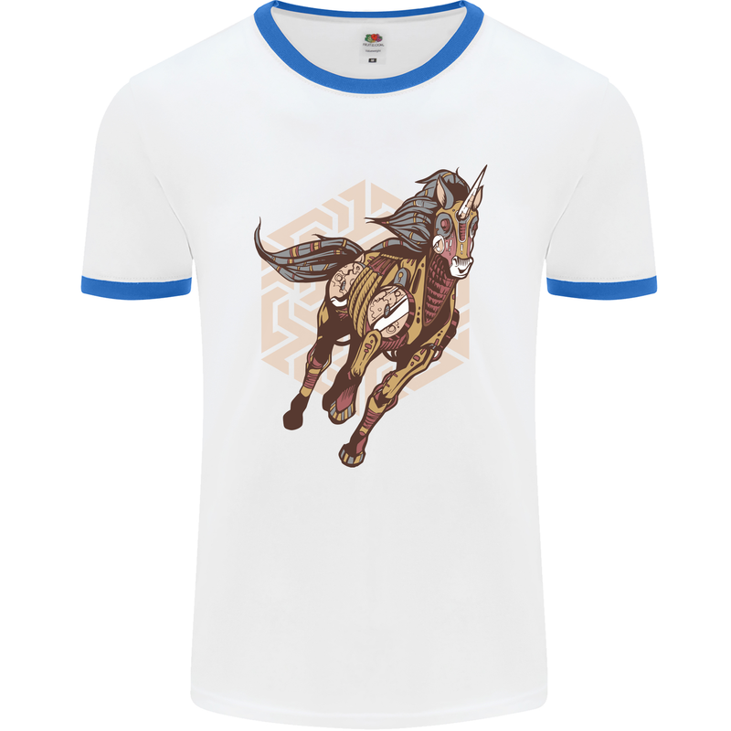 Steampunk Unicorn Mens White Ringer T-Shirt White/Royal Blue