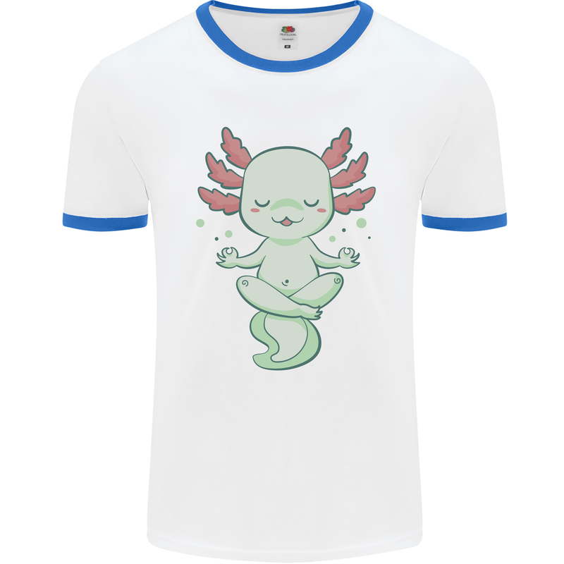 Meditating Axolot Yoga Spiritual Mens Ringer T-Shirt White/Royal Blue
