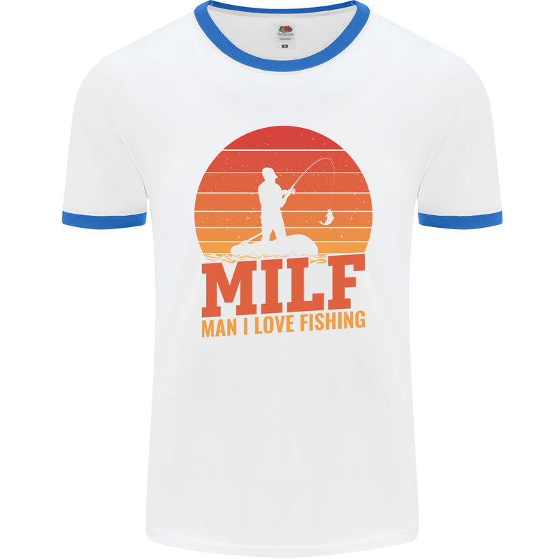 MILF Fishing Funny Fisherman Father's Day Mens White Ringer T-Shirt White/Royal Blue