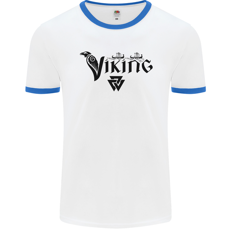Viking Thor Odin Valhalla Norse Mythology Mens White Ringer T-Shirt White/Royal Blue